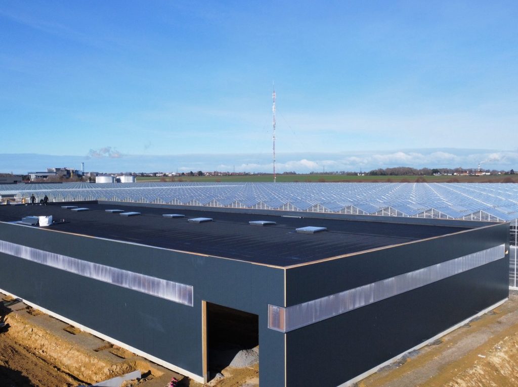Réalisation d'une toiture-terrasse avec revêtement d'étanchéité bitumineux et lanterneaux d'éclairage naturel sur un bâtiment industriel, par Constructions Boulay, spécialiste en couverture et étanchéité en Normandie.