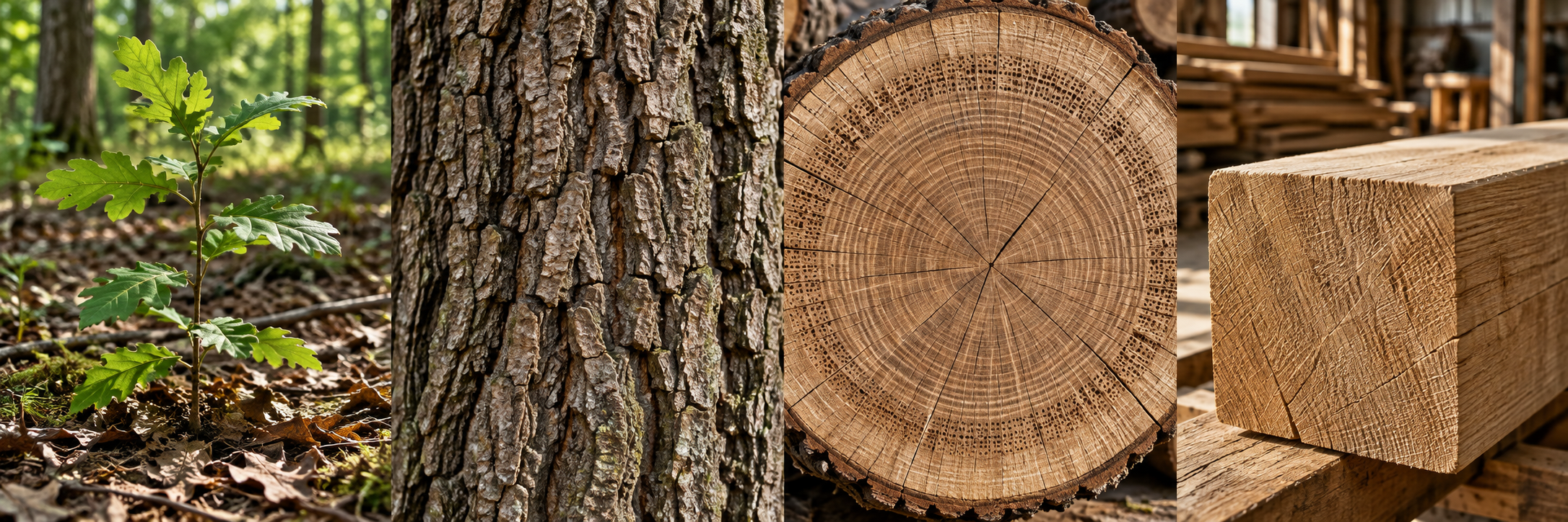 Montage présentant une jeune pousse de chêne en forêt, son écorce, une coupe du tronc et un poteau en chêne.