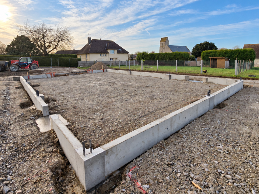 Travaux de maçonnerie réalisés par les Constructions Boulay en Normandie : fondations, massifs et longrines en béton armé avec réservations et platines d'ancrage pour la future charpente d'un bâtiment professionnel.