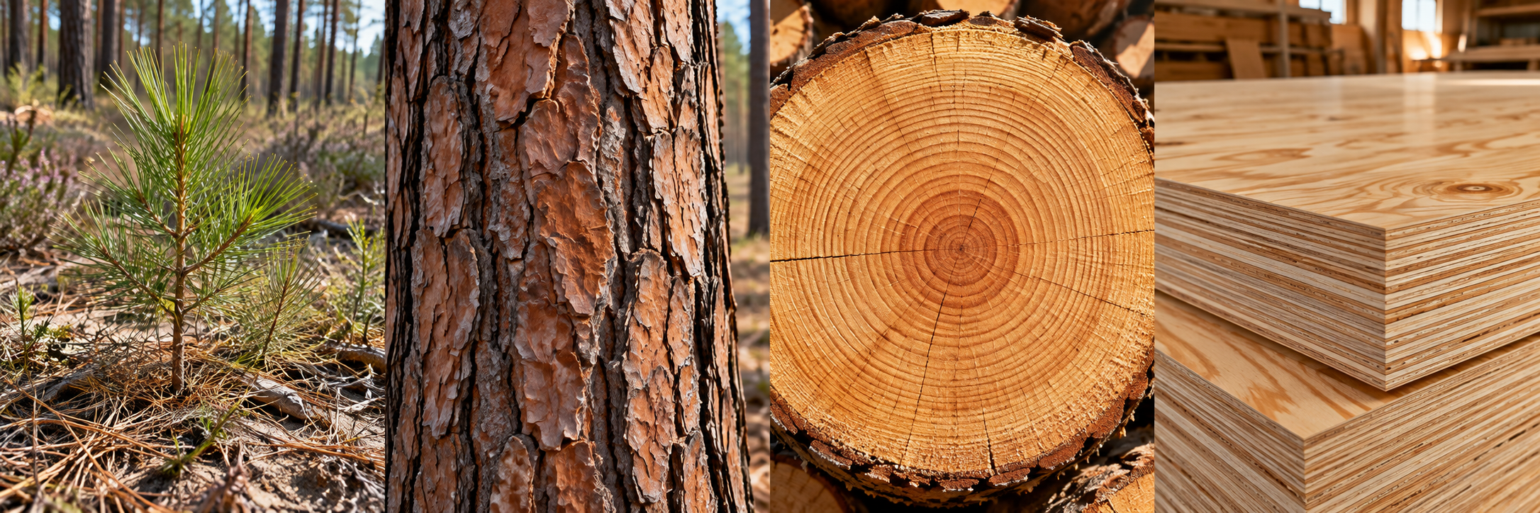 Montage présentant un jeune pin maritime en forêt, son écorce, une coupe du tronc et des panneaux de contreplaqué.