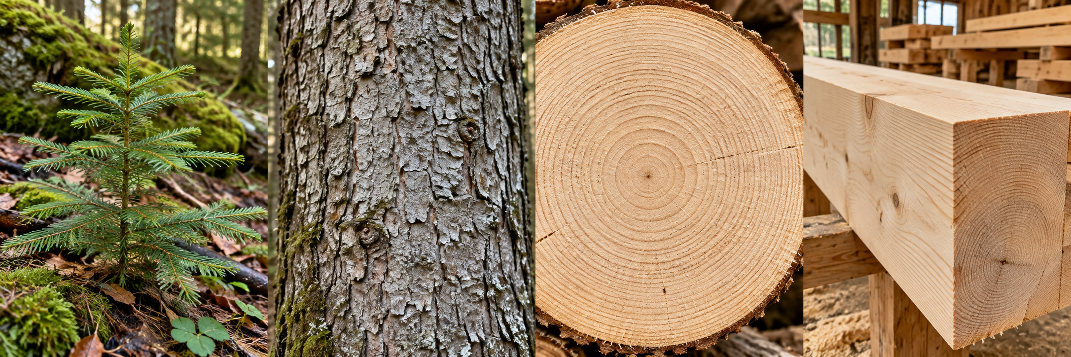 Montage présentant un jeune sapin en forêt, son écorce, une coupe du tronc et un bastaing en sapin.